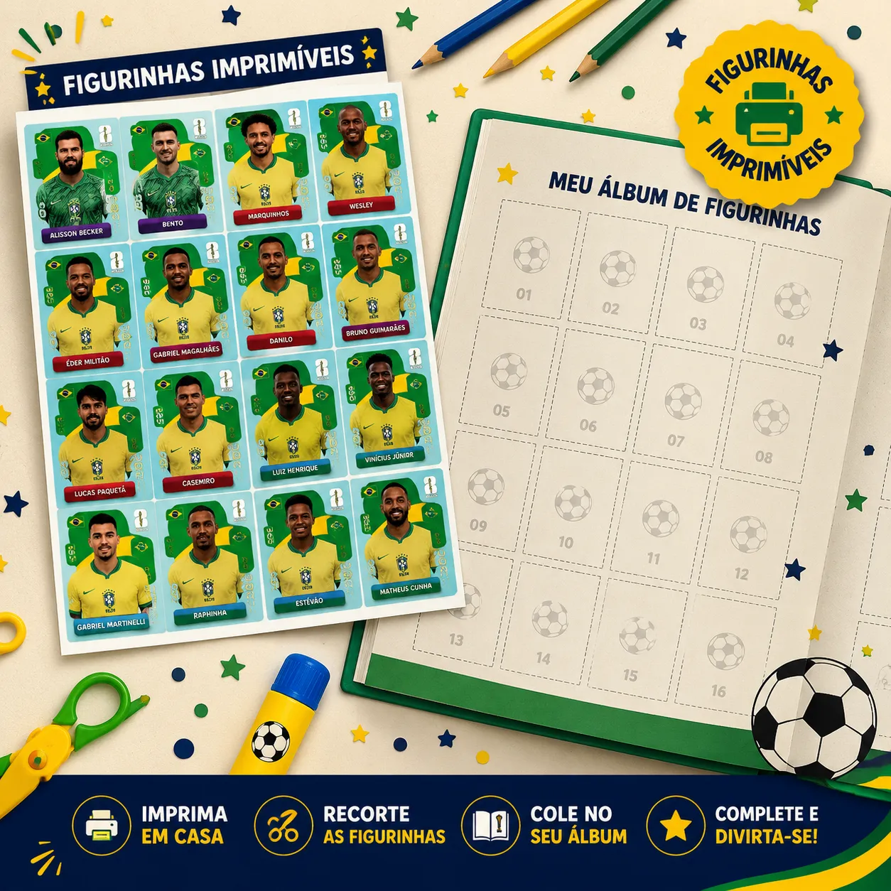 Folha de figurinhas imprimíveis da Copa ao lado do álbum para colar, com selo imprima, recorte e cole