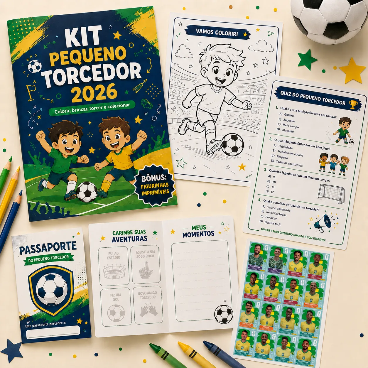 Kit Pequeno Torcedor 2026: capa, páginas para colorir, quiz, passaporte e figurinhas espalhados sobre a mesa com lápis de cor e bola de futebol