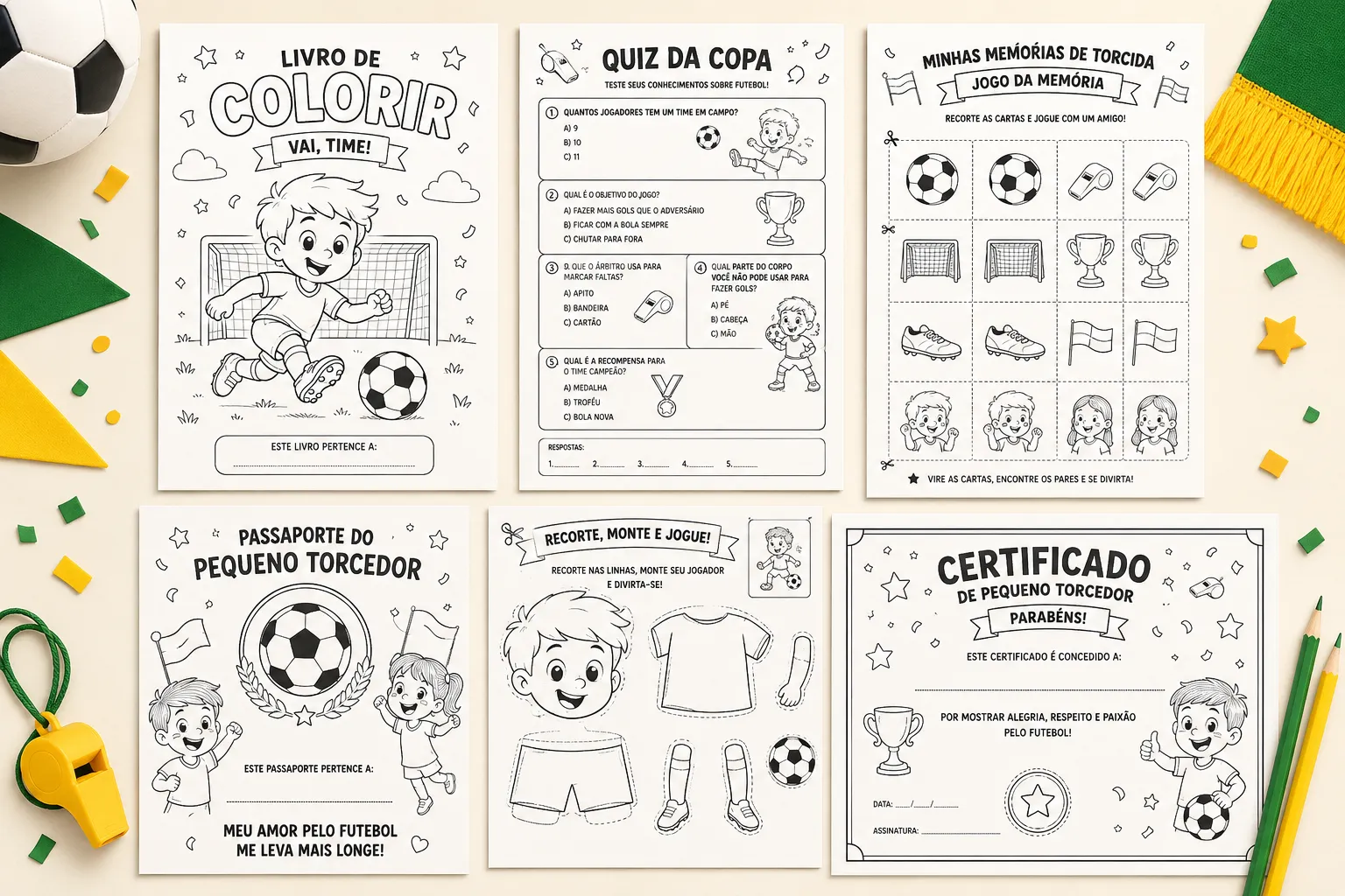 Seis páginas do kit: livro de colorir, quiz da Copa, jogo da memória, passaporte, recorte e monte e certificado de pequeno torcedor